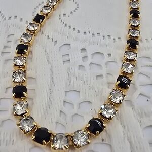 Trifari Tennis Necklace Choker Gold Tone Black and Clear Crystal